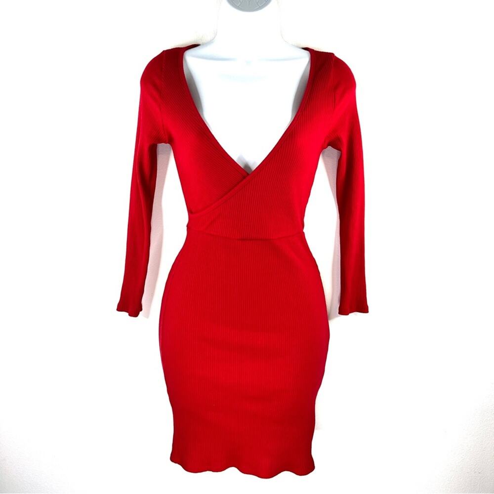 FREE PEOPLE Beach Red Ribbed Surplice Mini Dress NWT Long Sleeve Size XS Bodycon